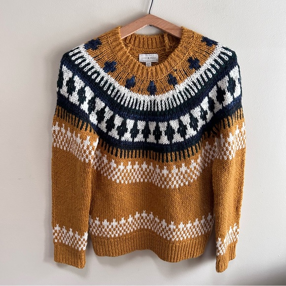 Lucky ~ Bold Fair Isle Knit Mustard  Crewneck Chunky Sweater- in size XS - Picture 13 of 16